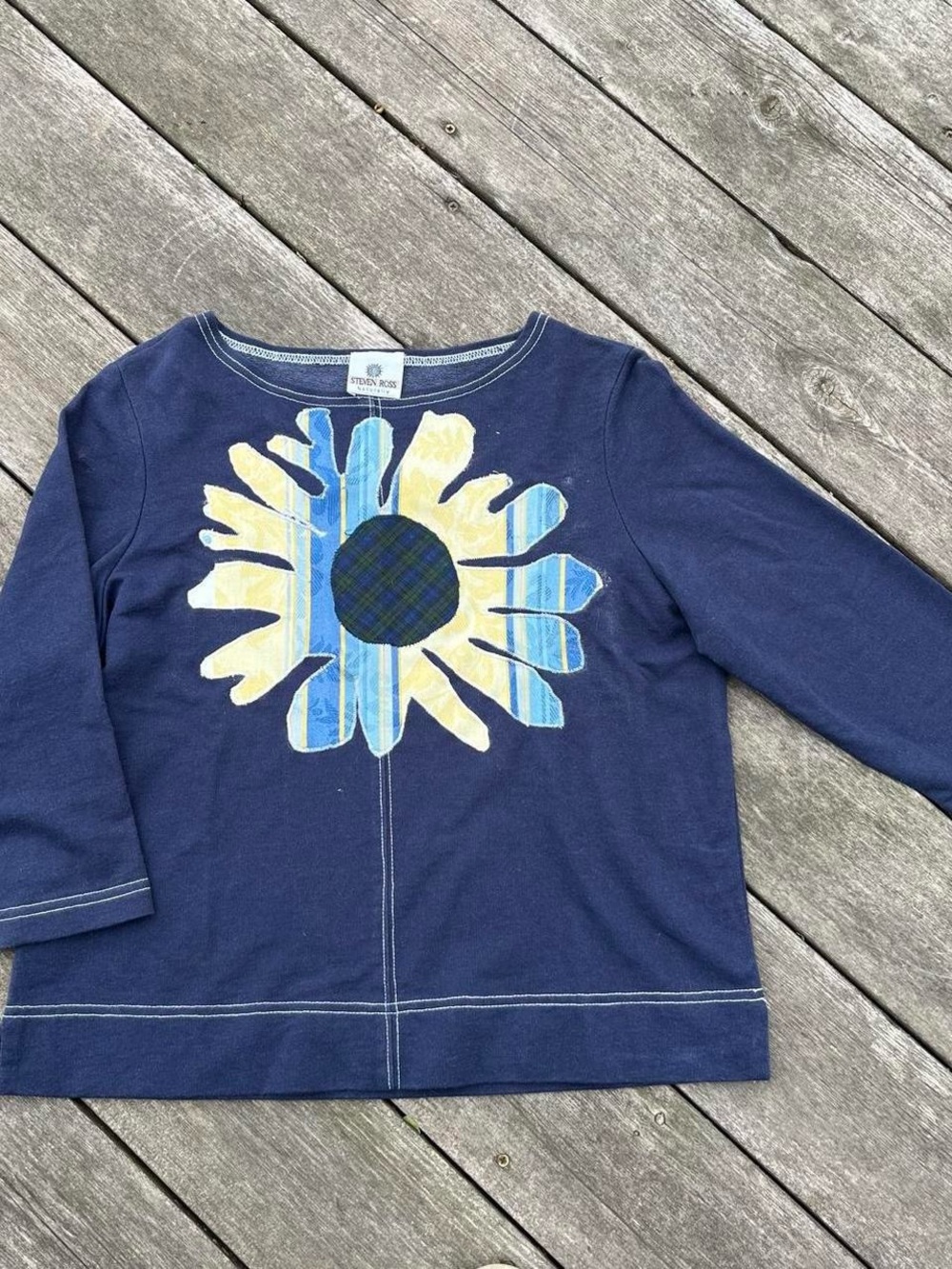 Steven Ross navy blue sunflower appliqué sweatshirt